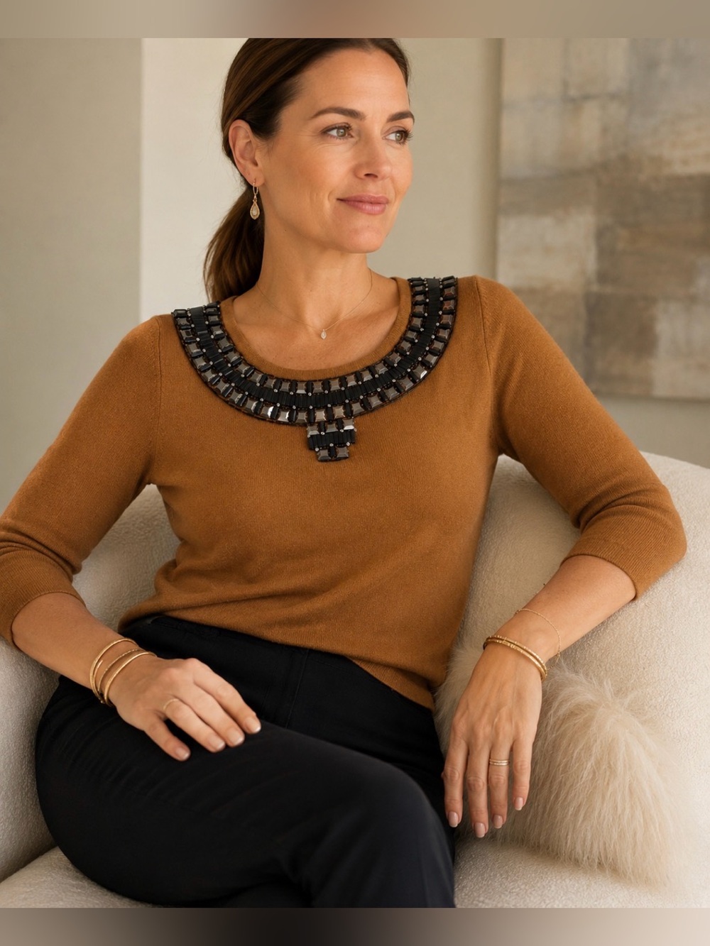 Neiman Marcus 100% Cashmere Sweater in Camel 3/4 Sleeve w Beaded Scoop Neckline